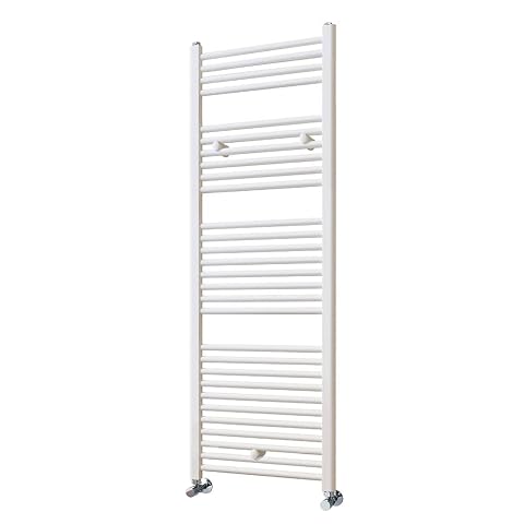 Sèche-serviettes vertical blanc en acier à 29 tubes horizontaux, installé dans une salle de bain lumineuse.
