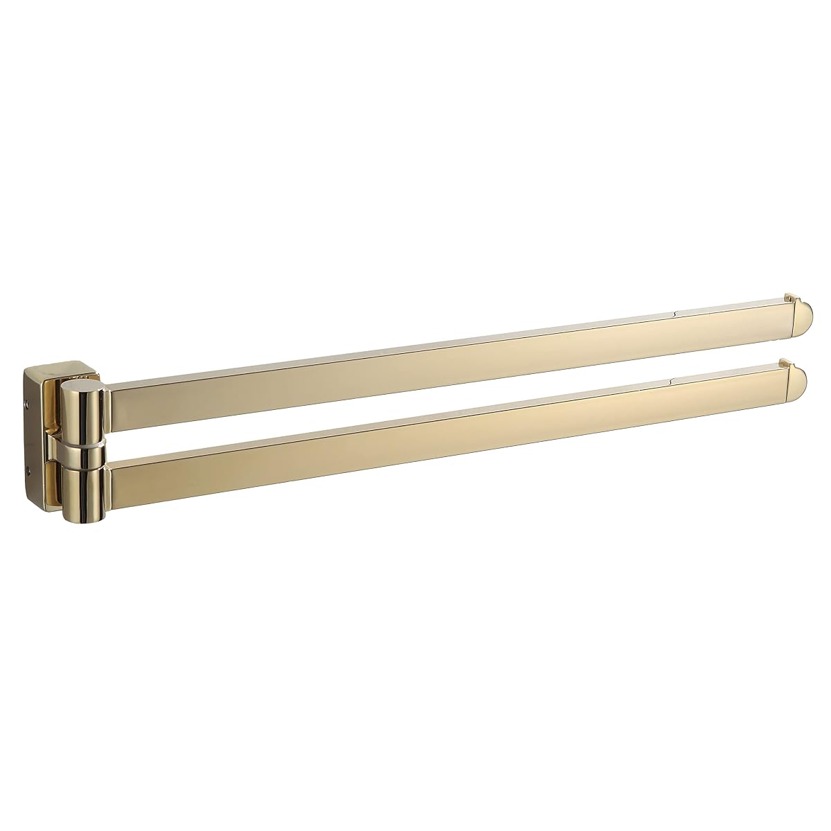 Barre porte-serviettes murale dorée brossée à deux bras pivotants dans une salle de bain claire