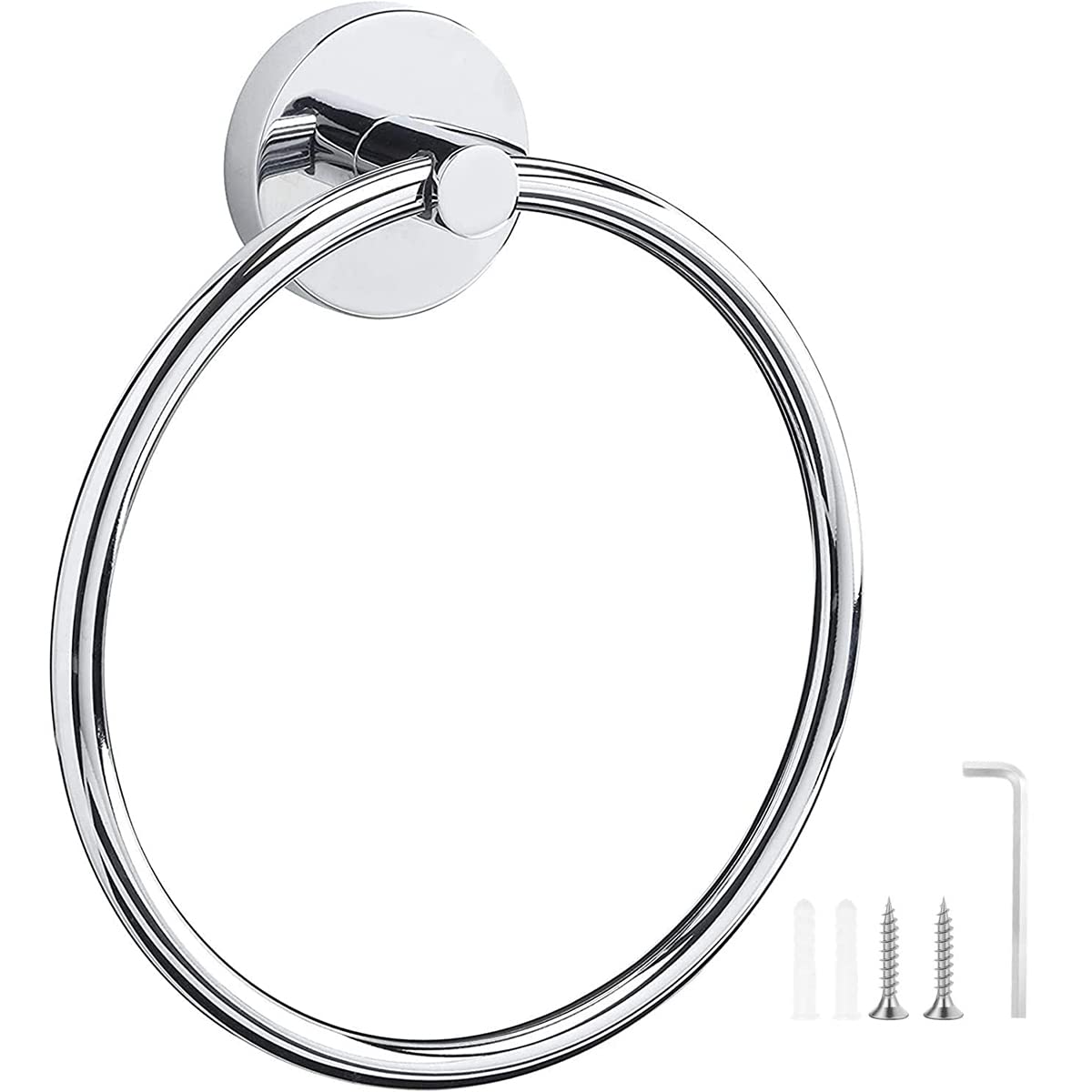 Anneau porte-serviettes mural rond en acier inoxydable à finition chromée brossée.