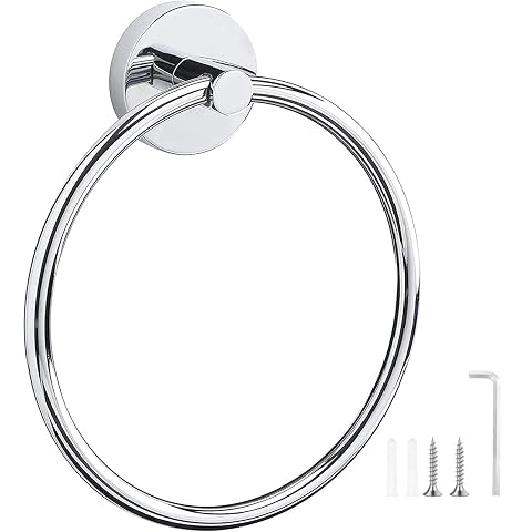 Anneau porte-serviettes mural rond en acier inoxydable à finition chromée brossée.