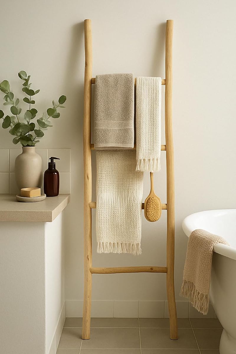 Échelle porte-serviettes en bois marron appuyée contre un mur dans une salle de bain claire
