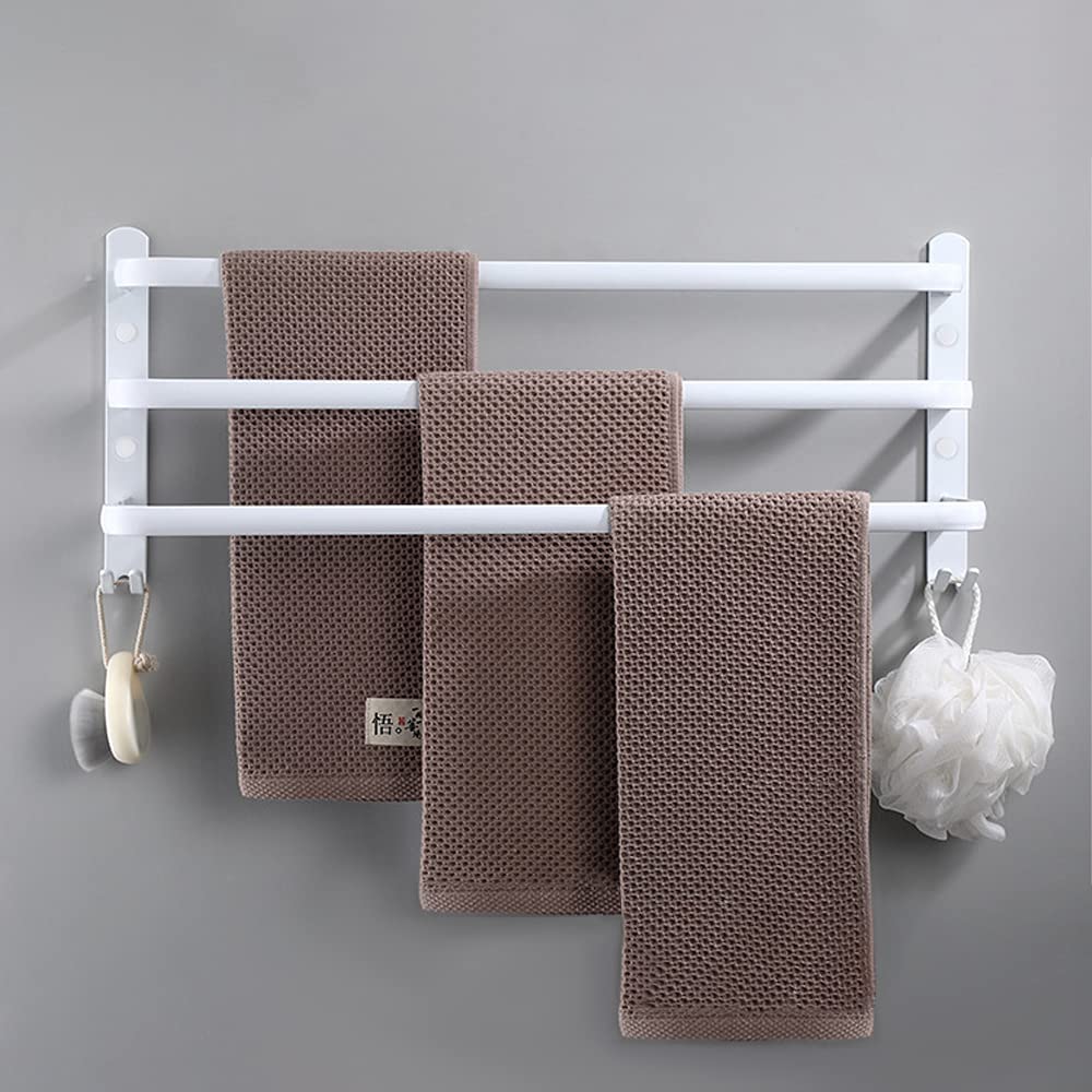 Porte-serviettes mural blanc en aluminium avec trois niveaux, étagère et crochets dans une salle de bain