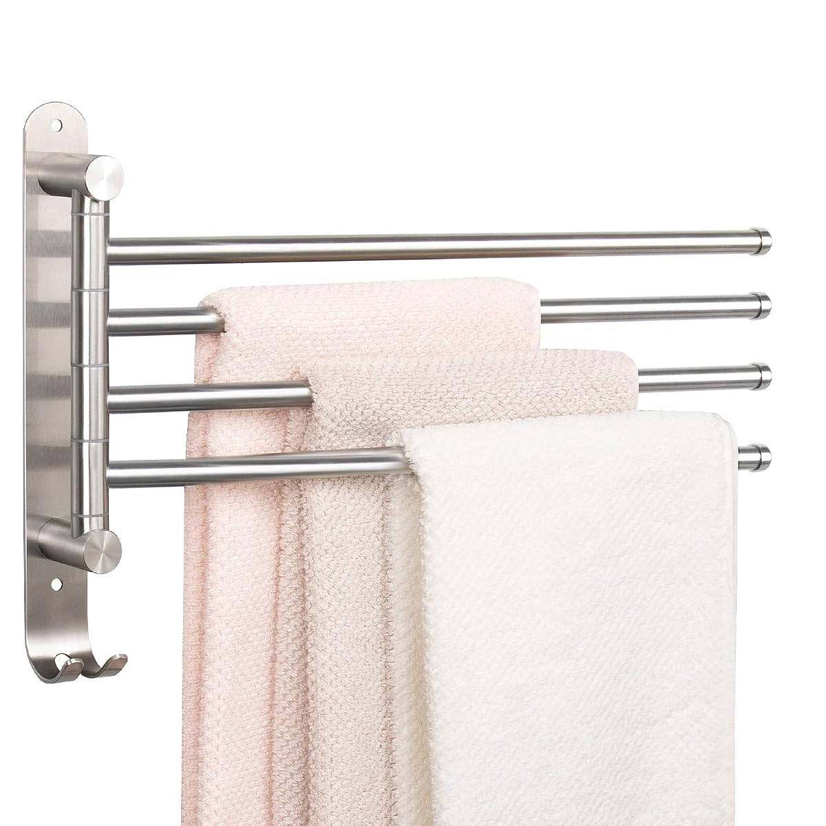 Porte-serviettes mural en acier inoxydable à quatre bras pivotants dans une salle de bain claire.