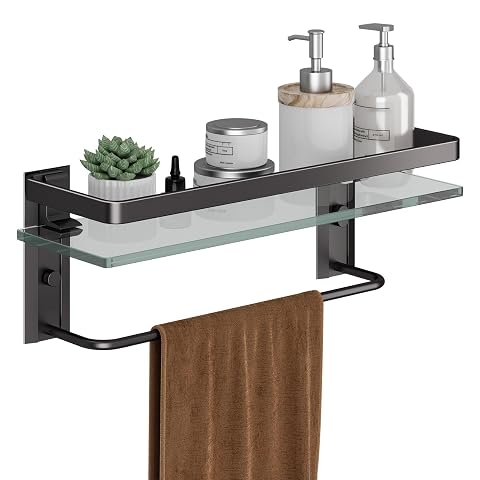 Étagère murale Danpoo en verre trempé avec structure noire et barre porte-serviette intégrée