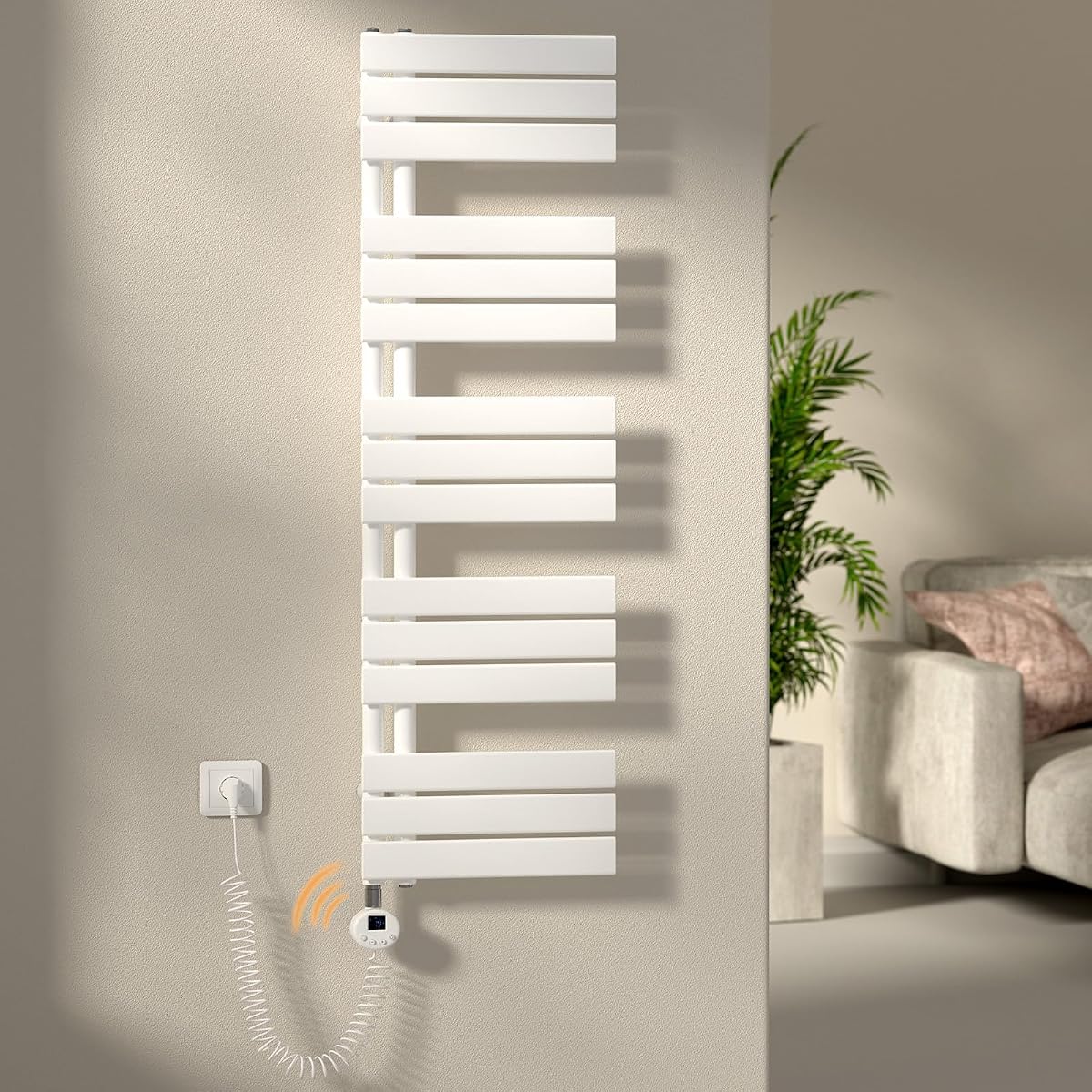 Sèche-serviettes mural blanc à tubes plats dans une salle de bain lumineuse