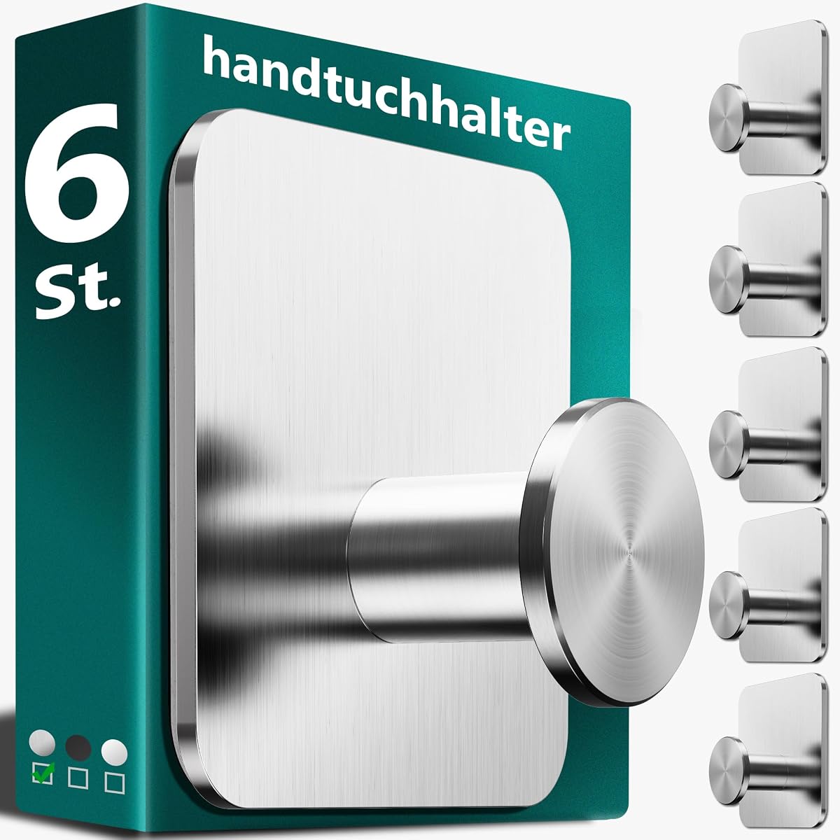 Six crochets adhésifs argentés en inox alignés sur un mur clair de salle de bain.