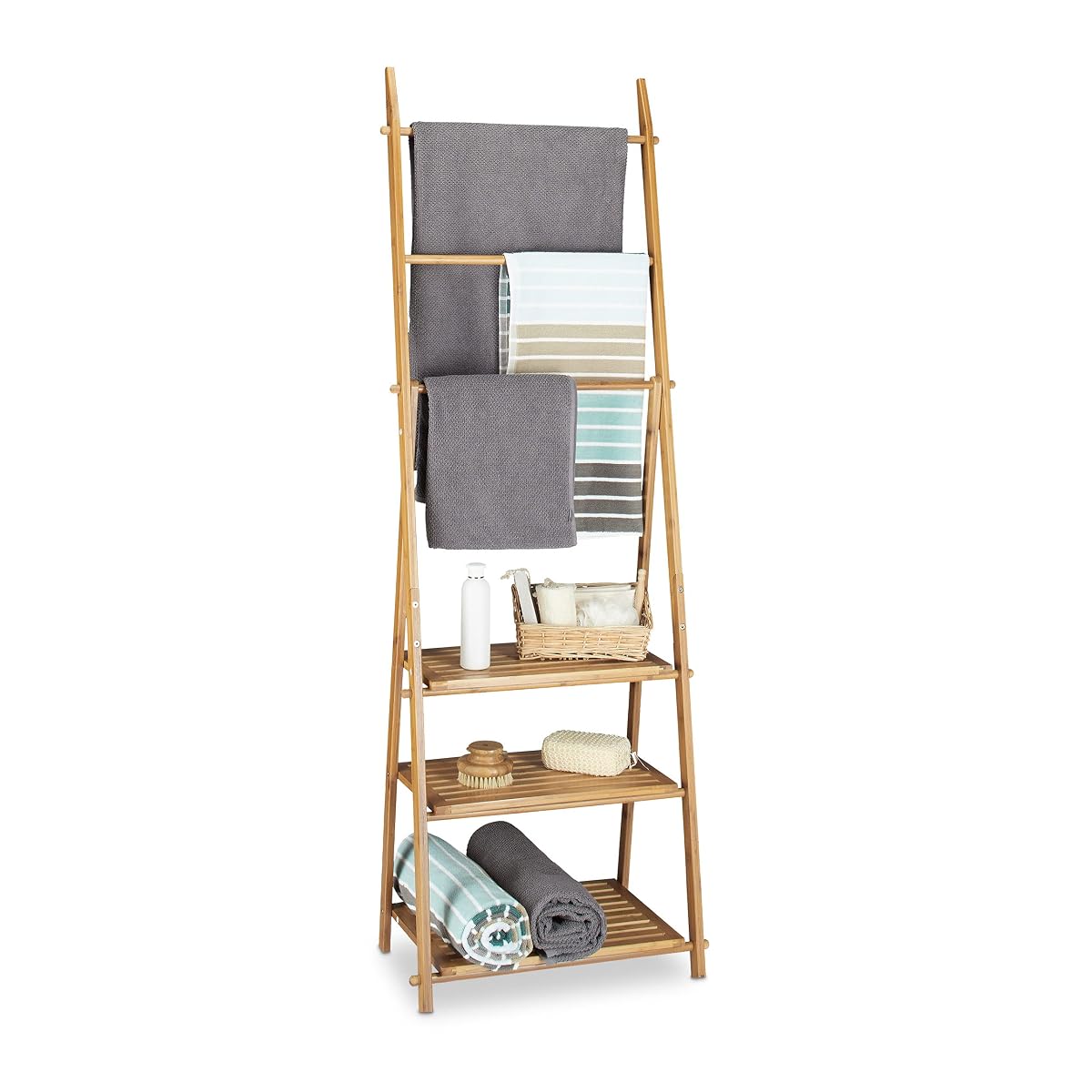 Porte-serviettes sur pied en bambou avec trois barres, quatre crochets et trois tablettes