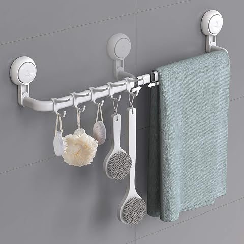 Porte-serviettes mural blanc à ventouses avec deux barres et cinq crochets dans une salle de bain claire
