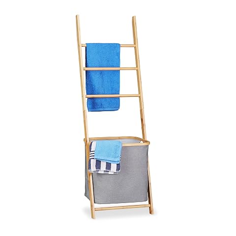 Échelle porte-serviettes en bambou avec quatre barreaux et panier à linge gris amovible