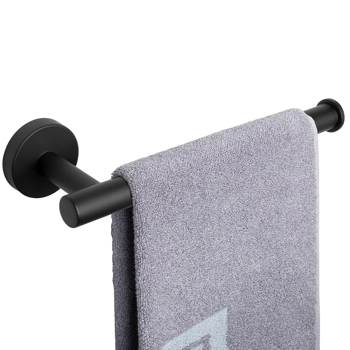 Porte-serviettes mural noir mat à bras avec une serviette à main, fixé sur un mur clair.
