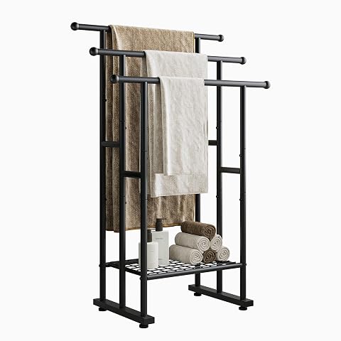 Porte-serviettes Jelute noir en échelle avec trois barres et panier amovible dans une salle de bain claire.