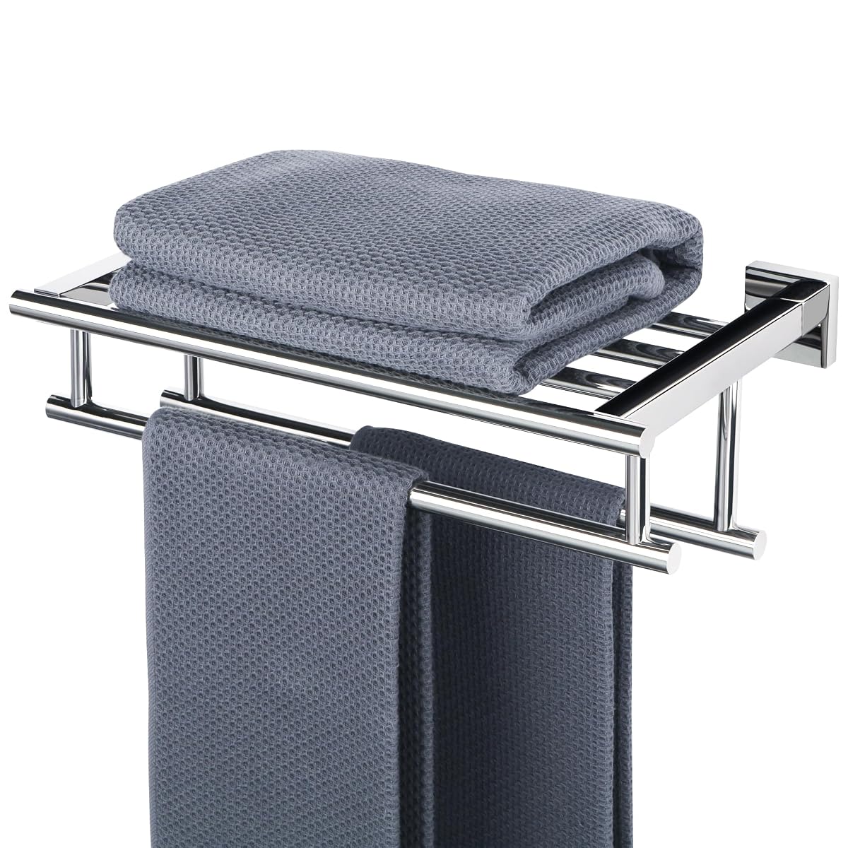 Étagère porte-serviettes chromée à tablette supérieure et deux barres, installée sur un mur de salle de bain.