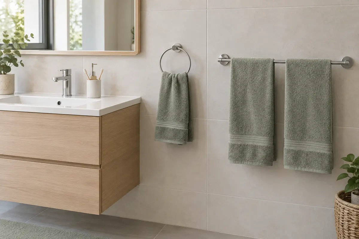 Un anneau et une barre porte-serviettes près d’un lavabo, avec des serviettes à mains suspendues.