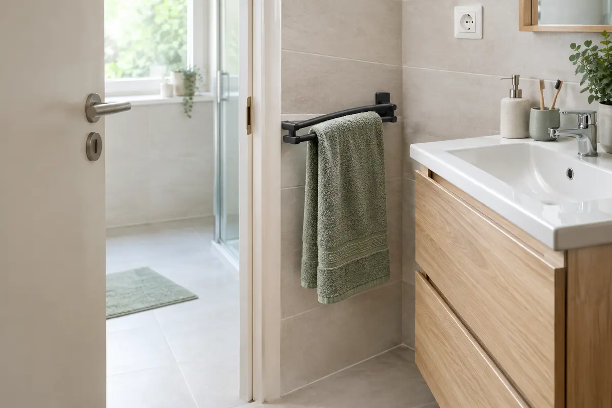 Porte-serviettes mural près d’un lavabo, avec une porte entrouverte et un passage dégagé