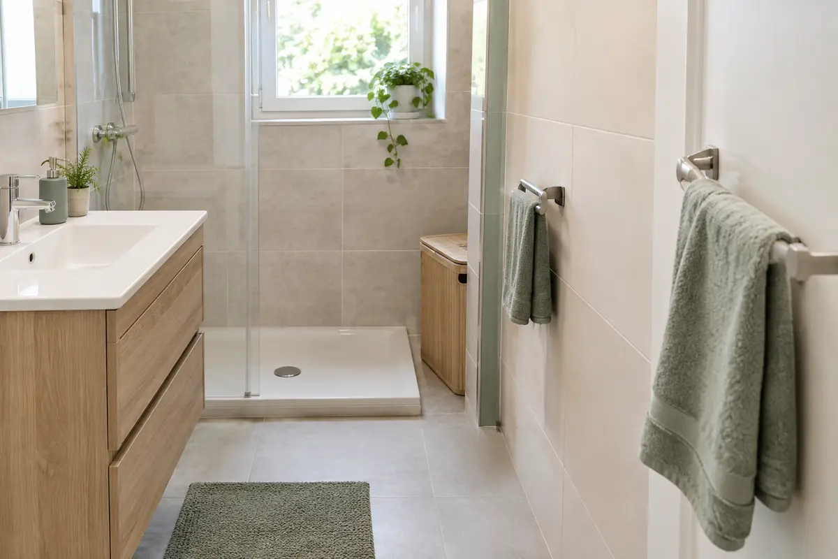 Coin serviettes dans une salle de bain de location avec support suspendu et carrelage clair