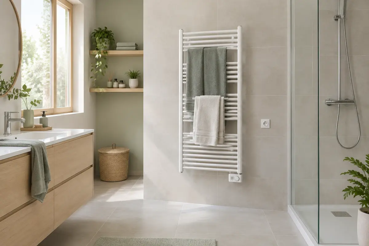 Sèche-serviettes électrique mural avec des serviettes étendues dans une salle de bain claire