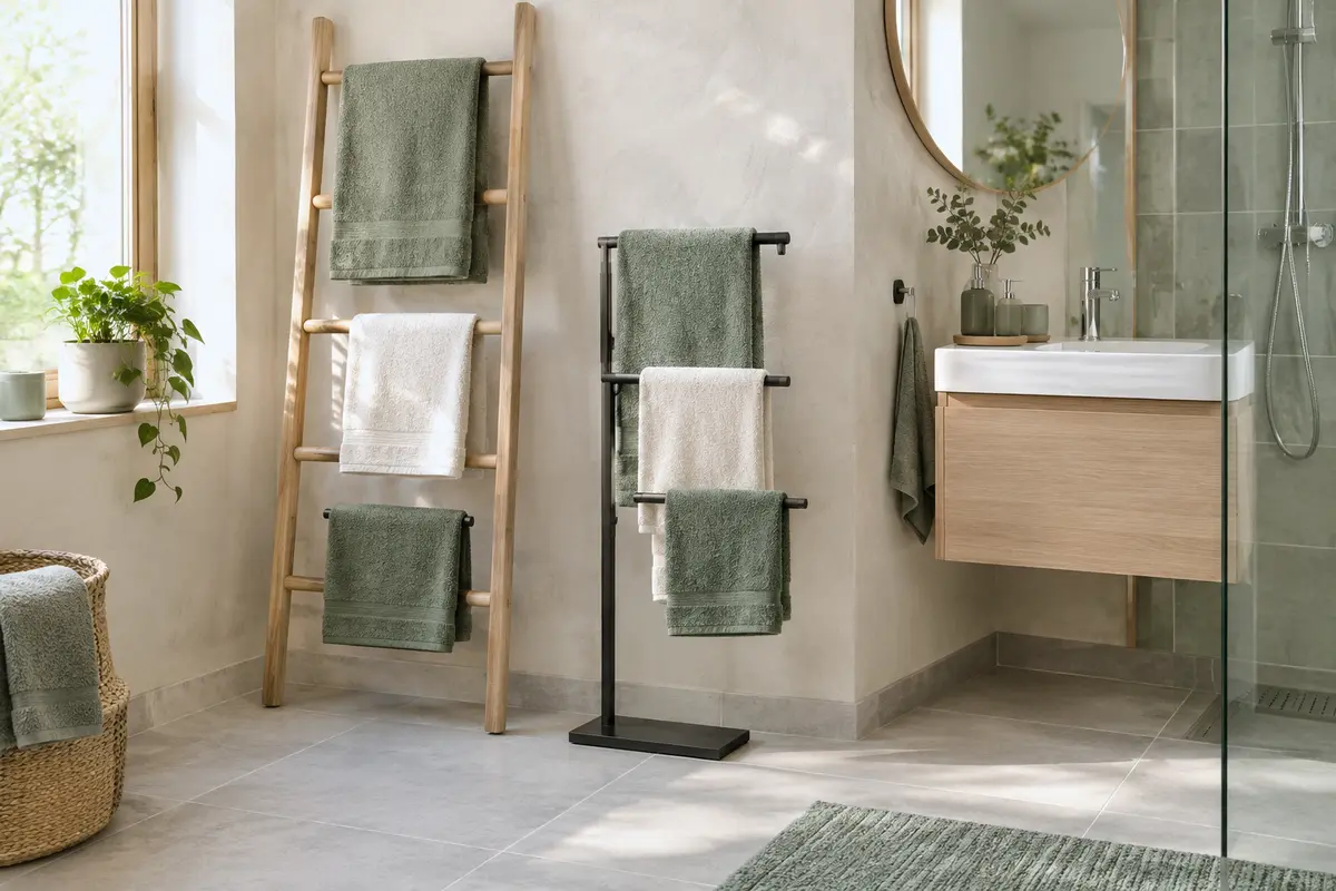 Échelle porte-serviettes en bois et support à poser en métal dans une salle de bain claire
