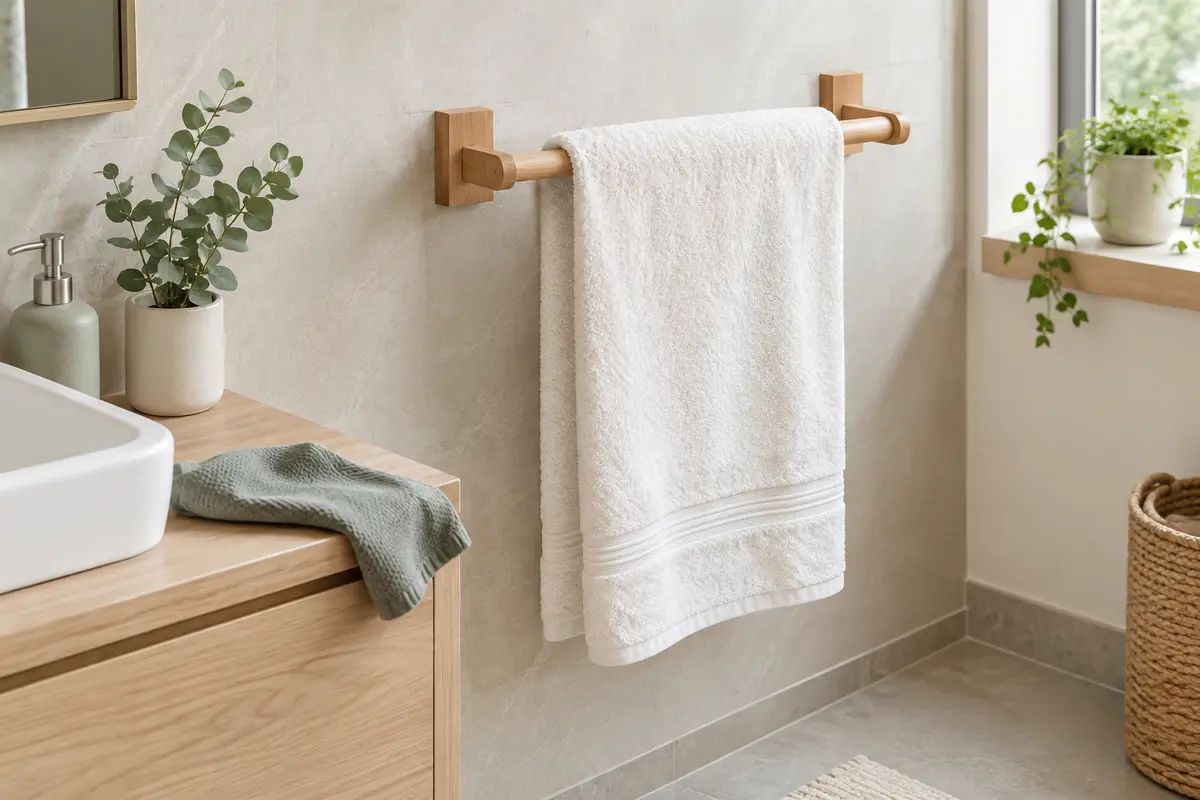 Porte-serviettes en bois clair et serviette étendue dans une salle de bain lumineuse
