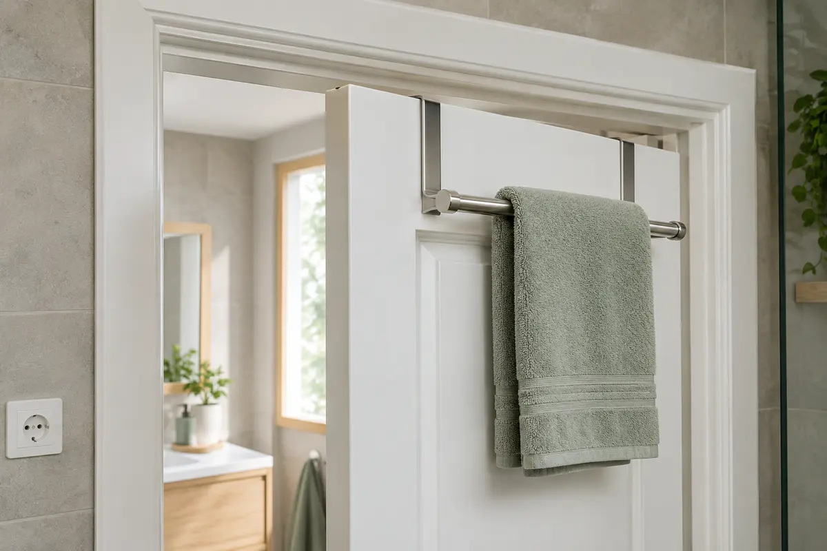 Porte de salle de bain entrouverte avec un support suspendu et une serviette, près de son encadrement