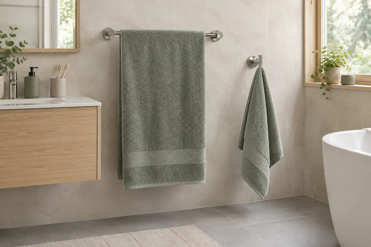 Deux serviettes dépliées et espacées sur un porte-serviettes mural dans une salle de bain lumineuse