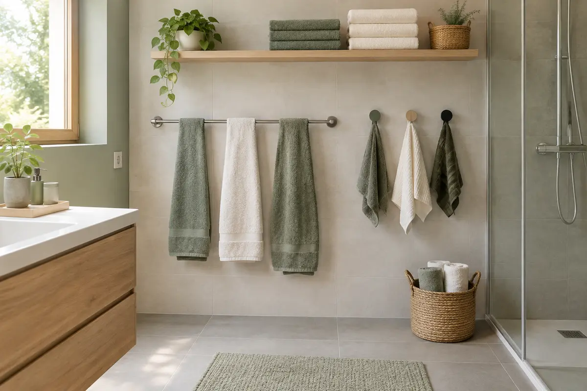 Salle de bain familiale avec barre pour les serviettes quotidiennes et étagère pour le linge propre des invités