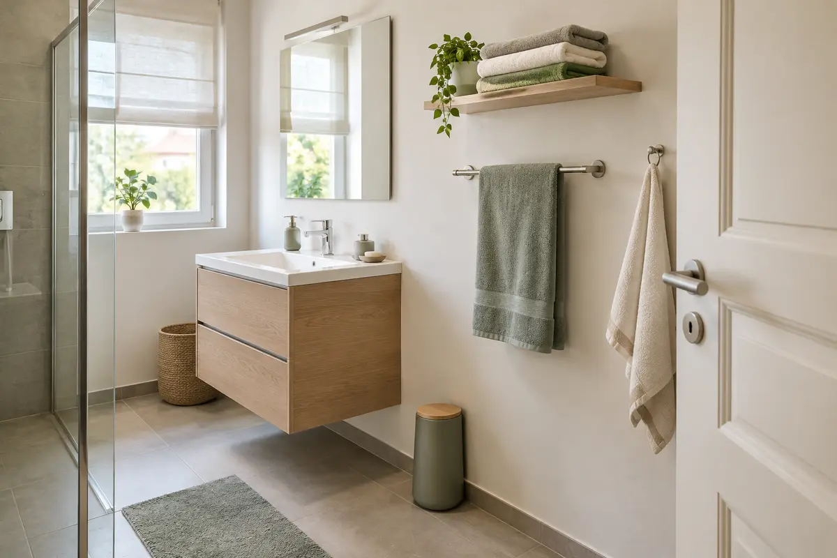 Petite salle de bain avec étagère compacte pour serviettes pliées et barre murale dégagée