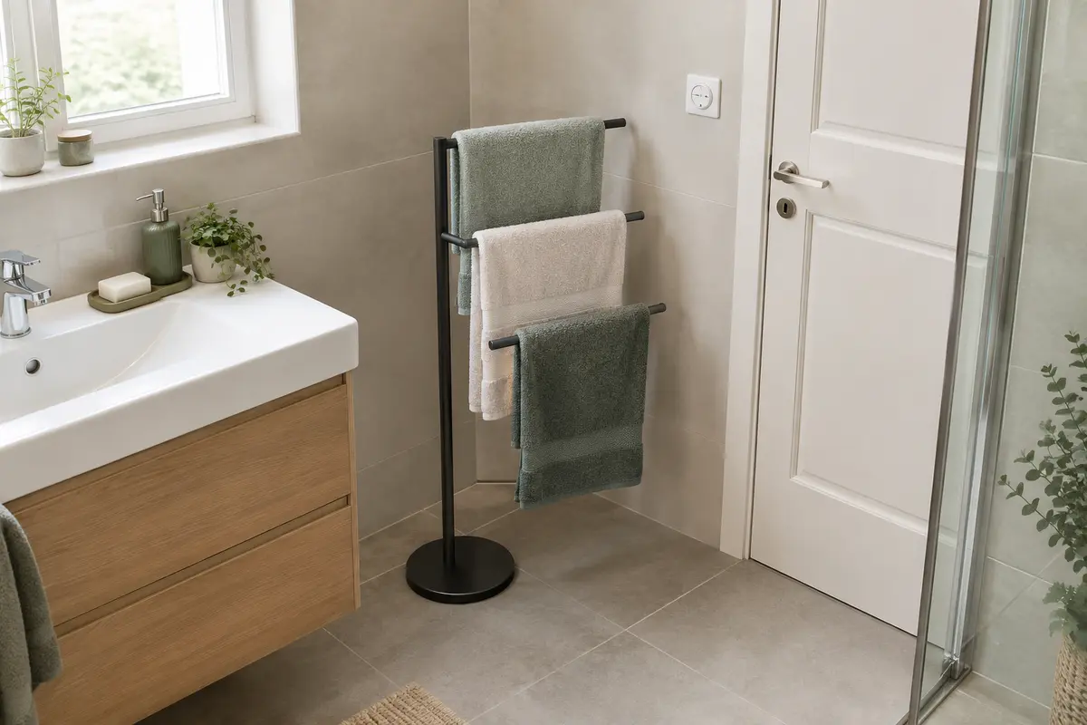 Porte-serviettes sur pied dans une petite salle de bain, serviettes espacées et passage dégagé