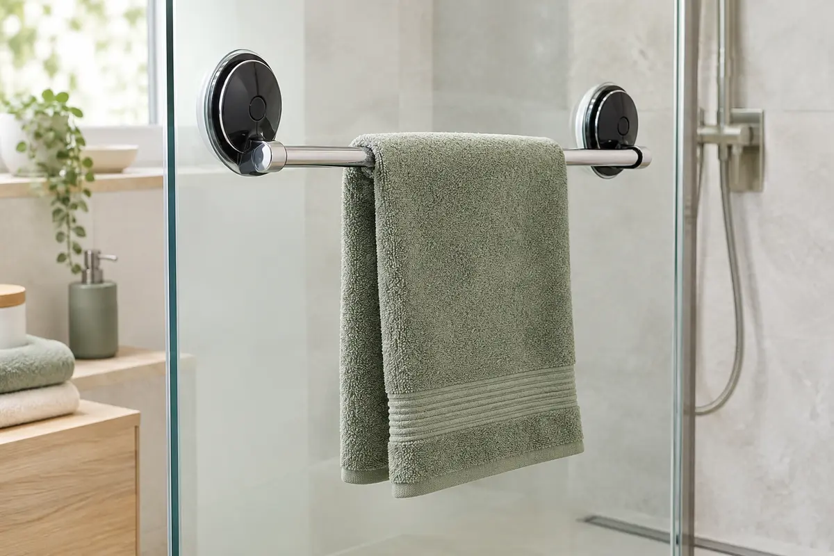 Porte-serviettes à ventouses installé sur une paroi de douche en verre lisse et propre