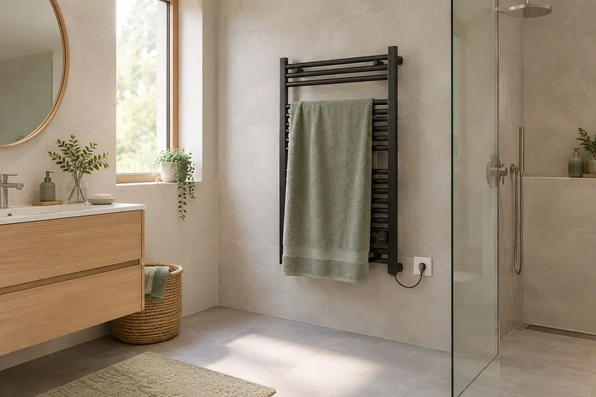 Sèche-serviettes électrique mural avec une serviette étendue dans une salle de bain lumineuse