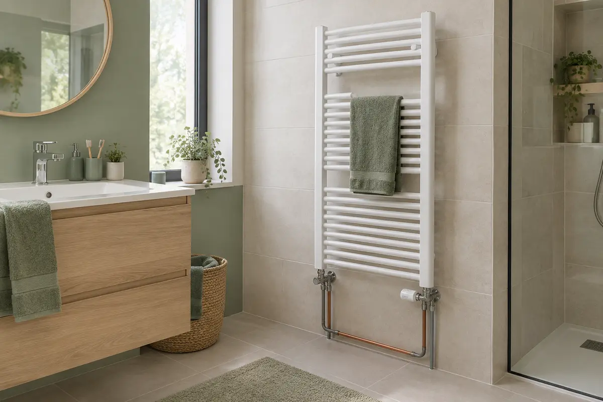 Sèche-serviettes mural à eau chaude avec raccords et vannes visibles dans une salle de bain carrelée