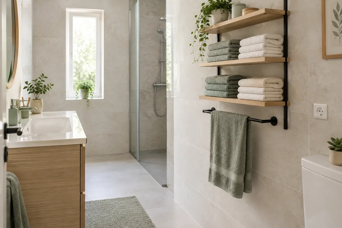 Étagère porte-serviettes dans une petite salle de bain, avec linge propre plié et serviette séparée sur une barre.